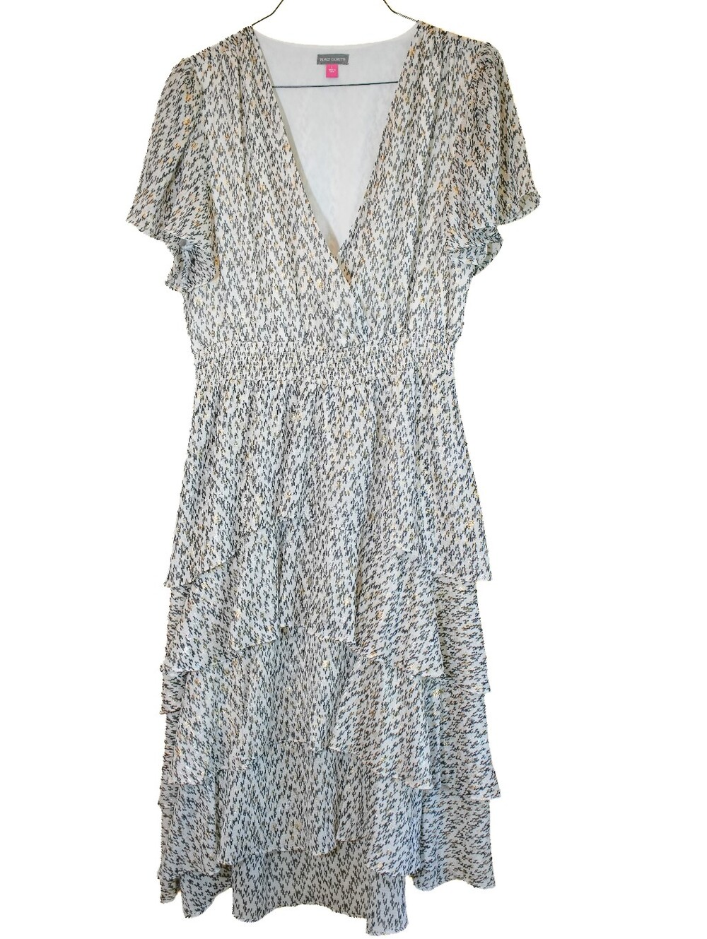 Vince Camuto Chiffon Layered Tiered Midi Dress V-Neck Abstract Print Large